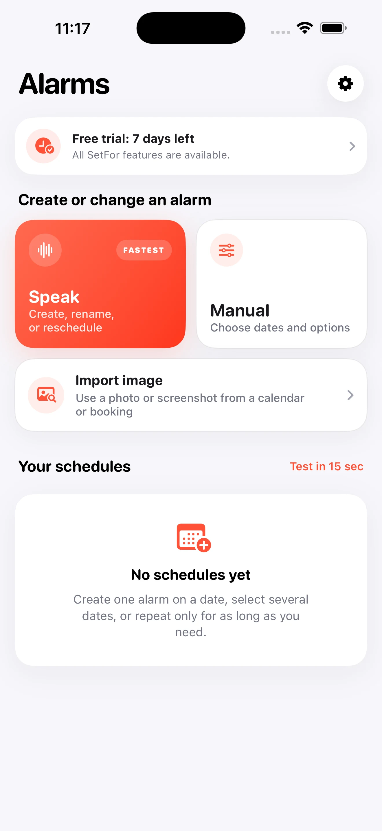 SetFor home showing Speak, Manual, and Import image options