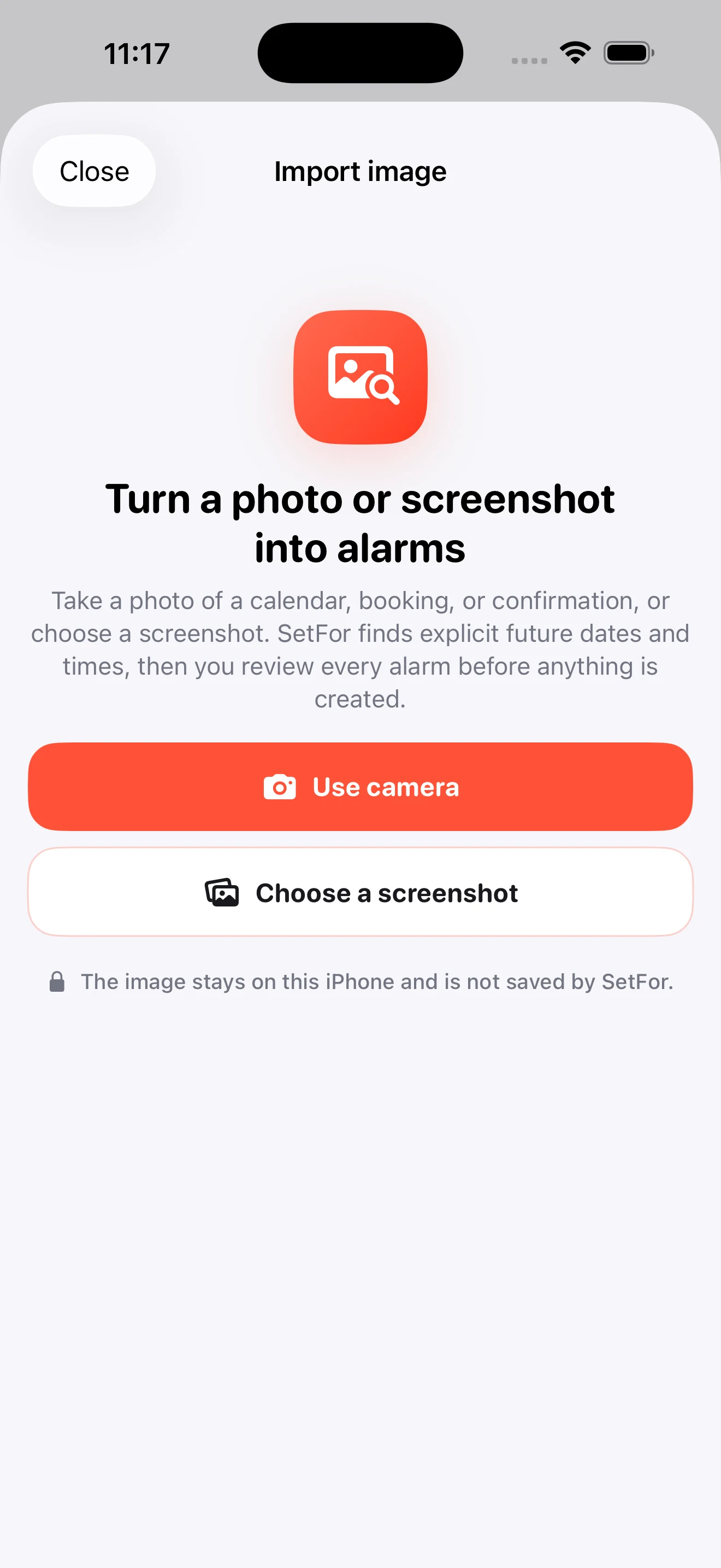 SetFor Import image sheet offering camera and screenshot import before alarm review